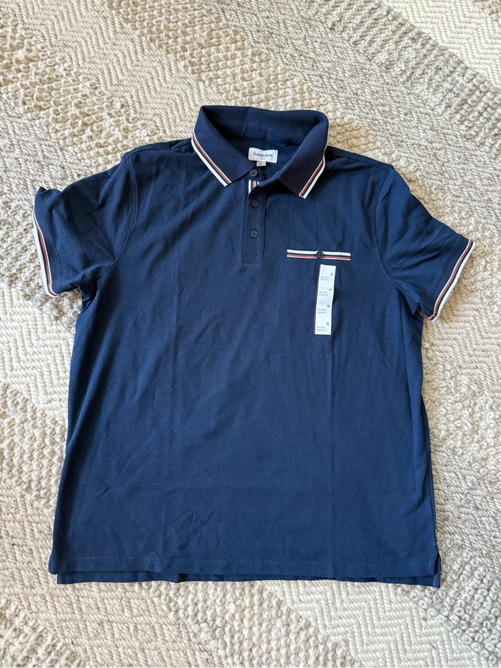 Goodfellow & Co Navy blue Polo with Rust and White Stripe Trim XL textured nwt